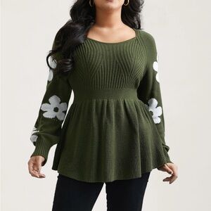 Bloomchic Floral Jacquard Cinched Waist Cable Knit Stretchy Pullover Sweater 5X